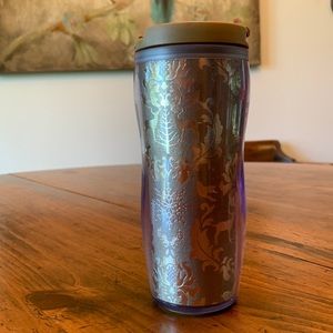 Gold Starbucks Christmas Holiday Travel Mug Tumbler 2008 12 fl - deer birds